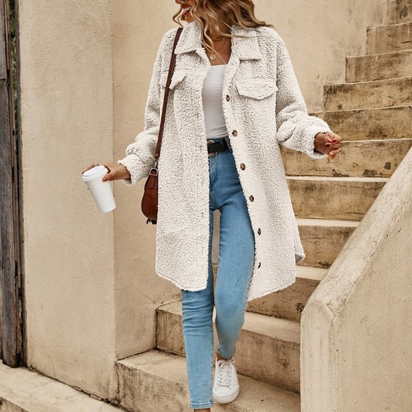 . Jackets & Blazers - Beige Preppy Womens Drop Shoulder Flap Detail Teddy Coat